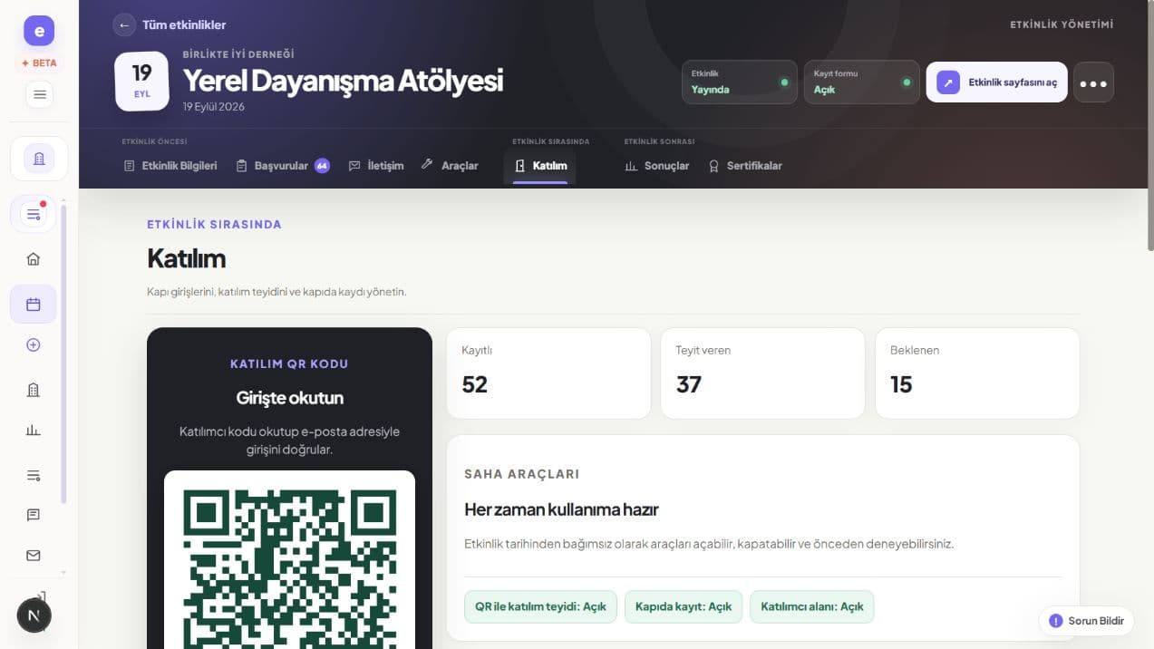 Eventise QR ile katılım teyidi ekranı