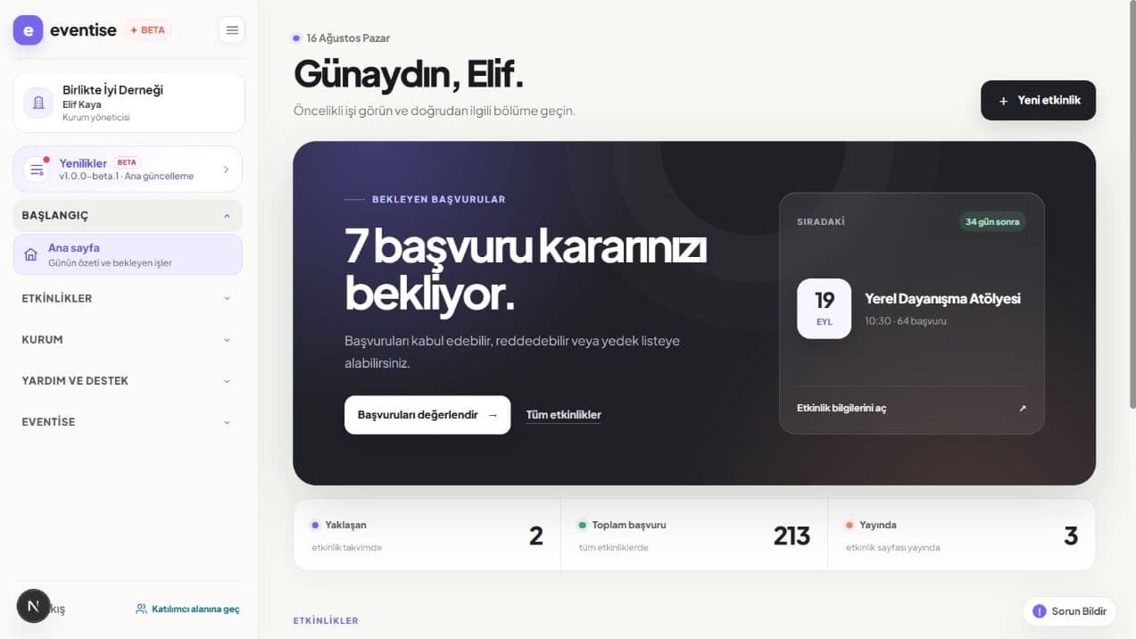 Eventise STK panelinde başvuru ve etkinlik özeti