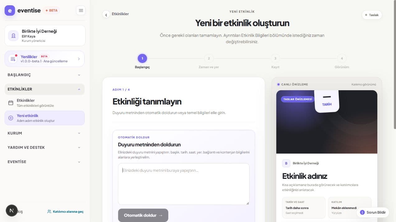 Eventise yeni etkinlik oluşturma ve canlı önizleme ekranı